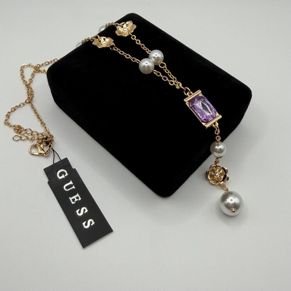 GUESS NWT Purple Crystal Pearl Lariat Necklace Gold Tone Floral Y Necklace - Picture 4 of 5